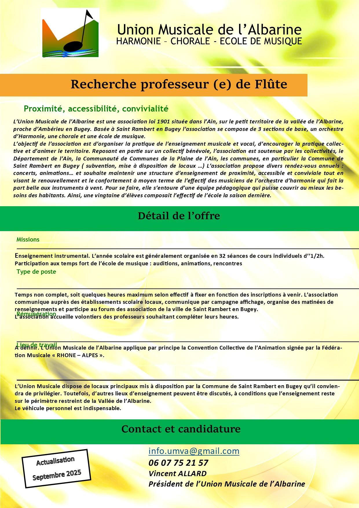 Offre d'emploi professeur de flûte